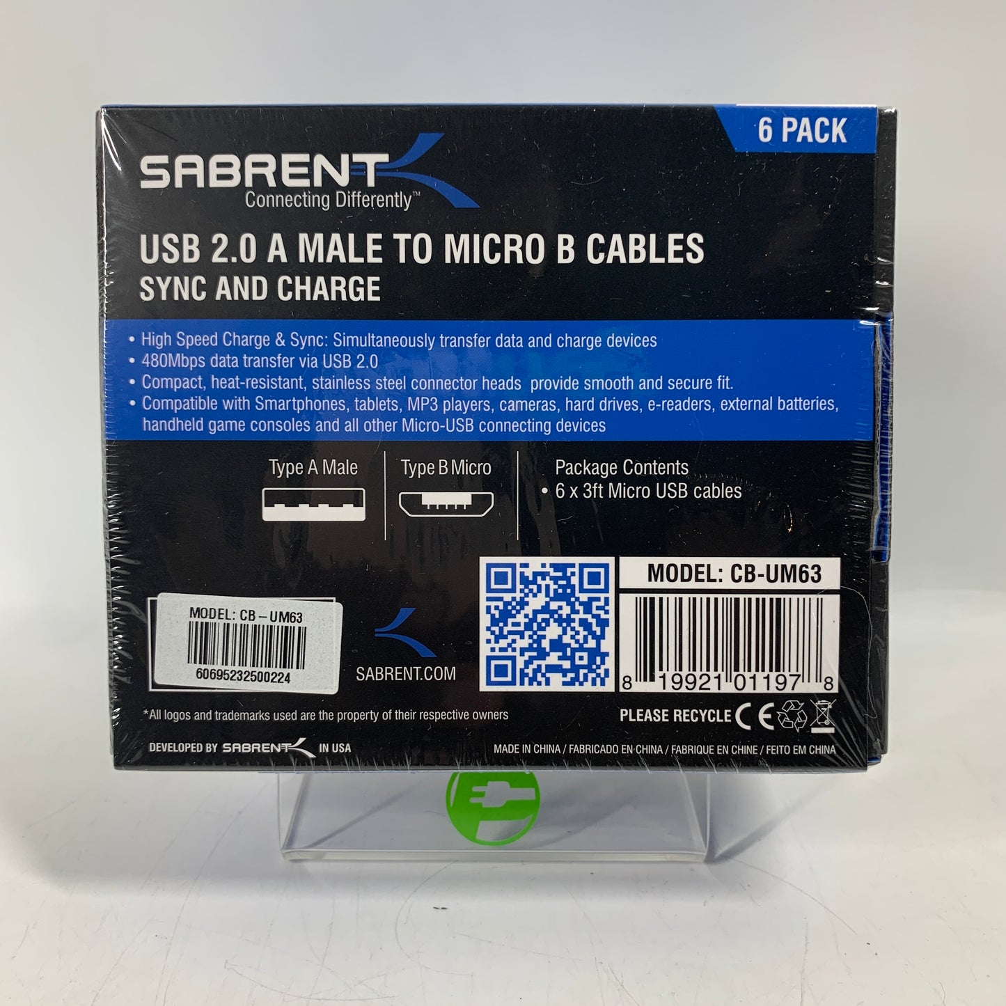 New Sabrent USB 2.0 A Male to Micro B Cables Cable CB-UM63 BUNDLE OF 5