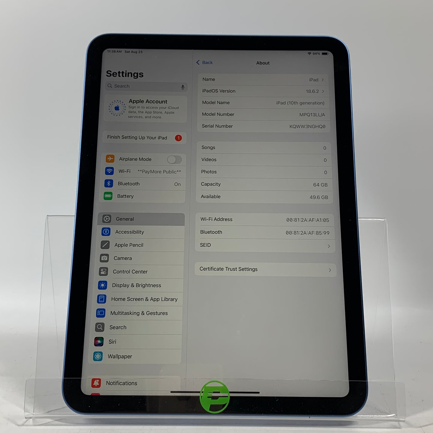 WiFi Only Apple iPad 10th Gen 64GB Blue MPQ13LL/A