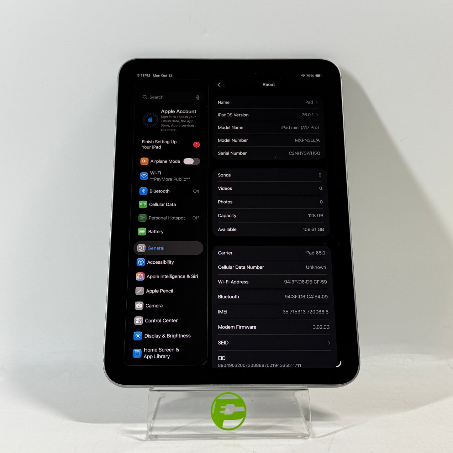 Unlocked Apple iPad mini (A17 Pro) 128GB Space Gray MXPN3LL/A