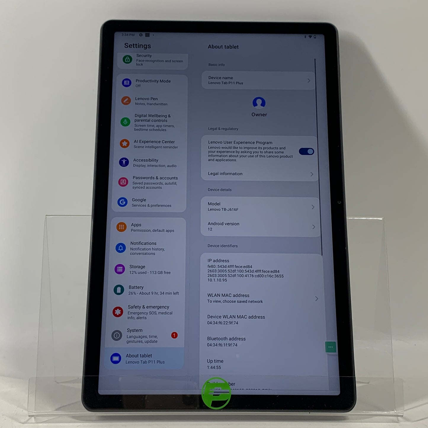 WiFi Only Lenovo Tab P11 Plus 128GB Black TB-J616F
