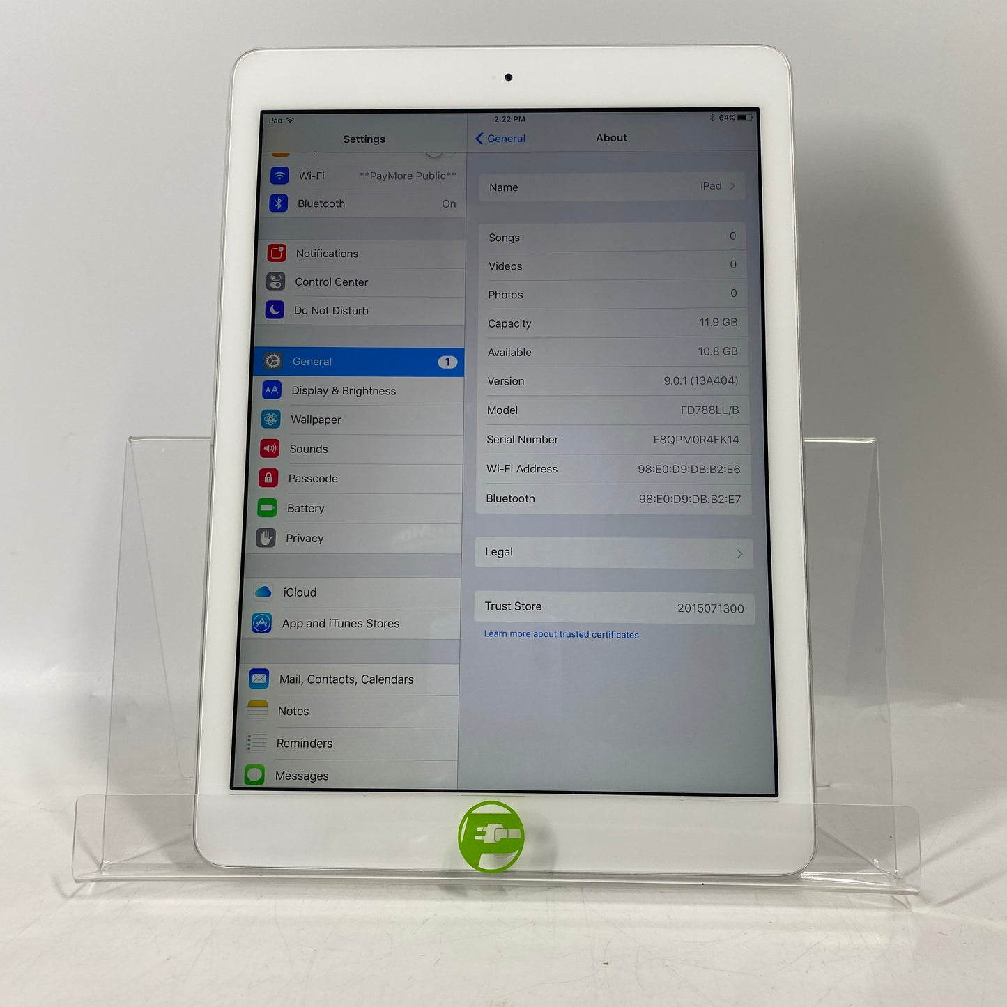 WiFi Only Apple iPad Air 1st Gen 16GB Silver FD788LL/B