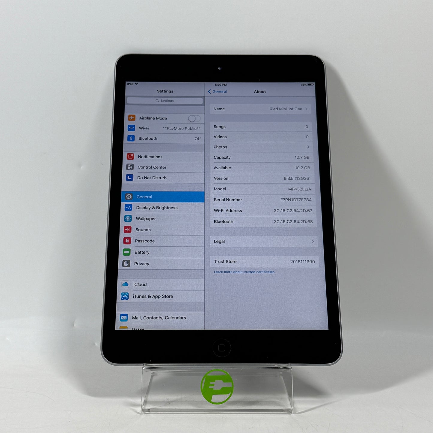 WiFi Only Apple iPad Mini 1st Gen 16GB 9.3.5 Space Gray MF432LL/A