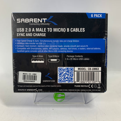 New Sabrent USB 2.0 A Male to Micro B Cables Cable CB-UM63 BUNDLE OF 5