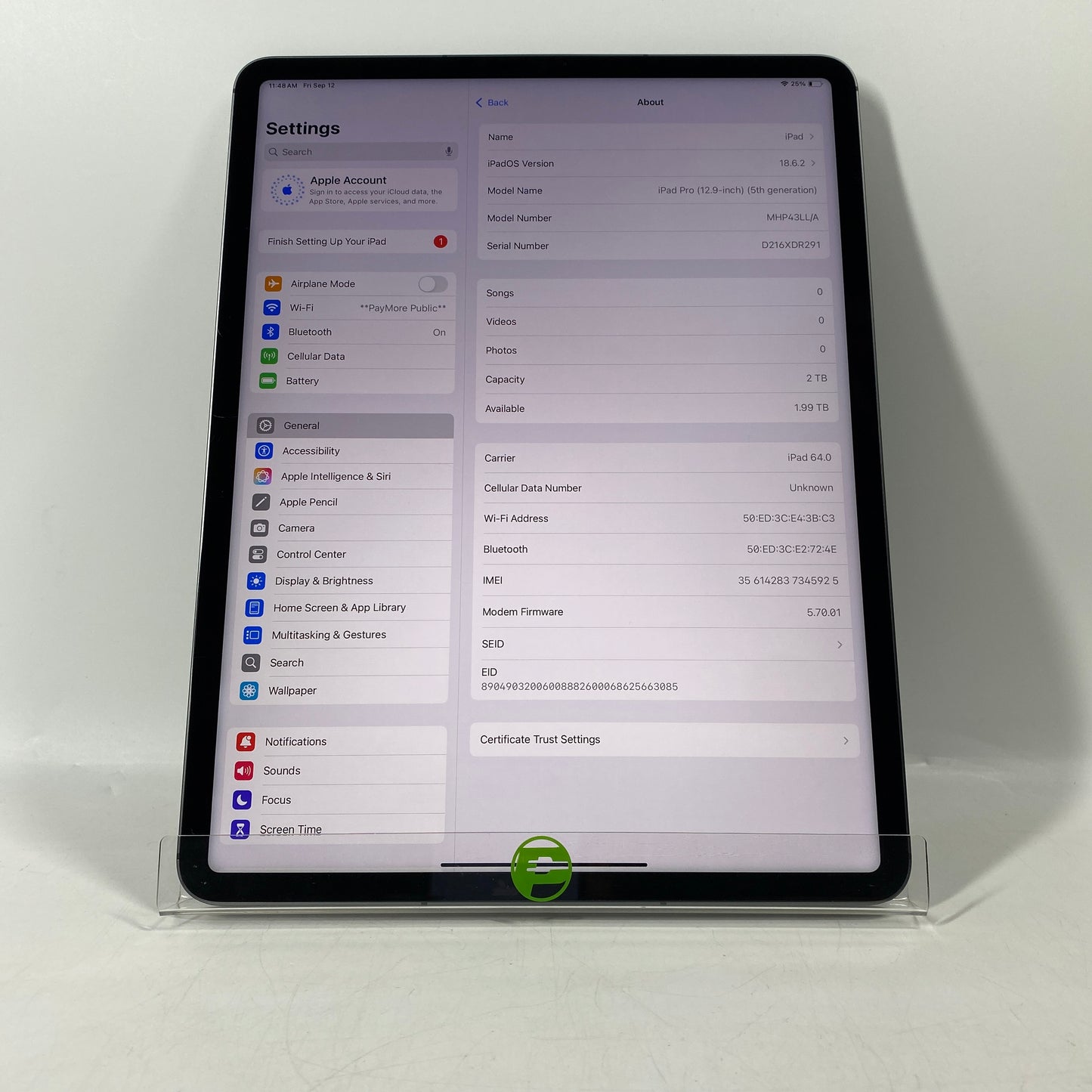 Unlocked Apple iPad Pro 12.9" 5th Gen 2TB Space Gray MHP34LL/A