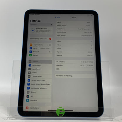 WiFi Only Apple iPad 10th Gen 64GB Blue MPQ13LL/A