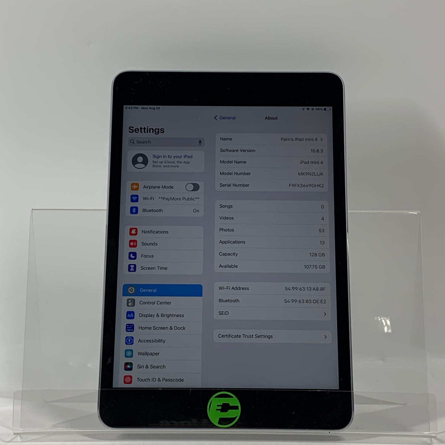 WiFi Only Apple iPad Mini 4th Gen 128GB 15.8.3 Space gray MK9N2LL/A